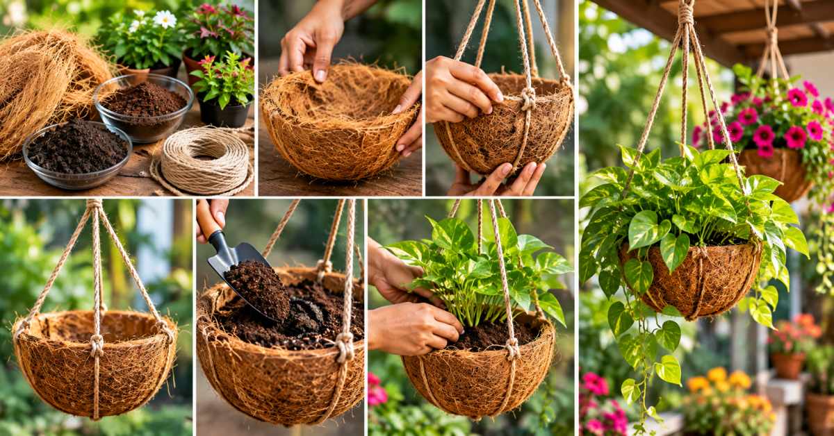 How to create a hanging garden using coconut fiber and cocopeat 