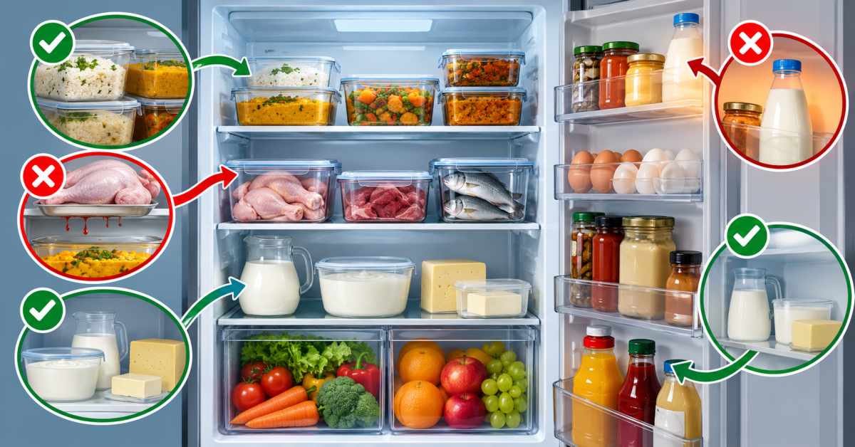 Placing cooked food and raw ingredients in the appropriate spots in the refrigerator