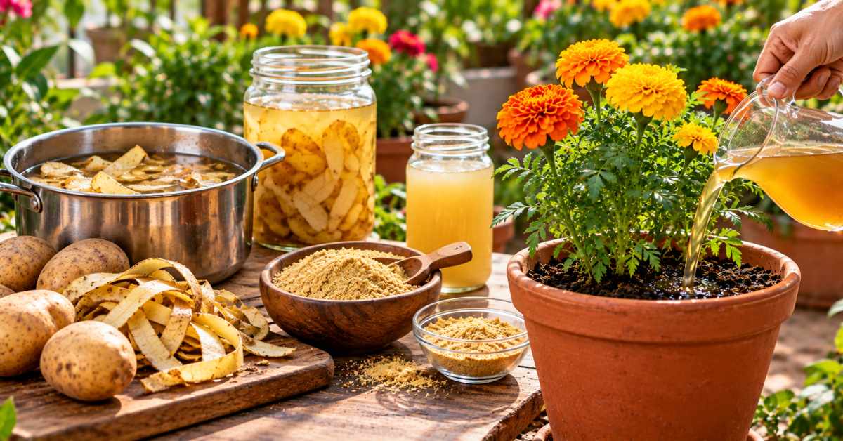 Potato peel water and mustard powder liquid fertilizer.