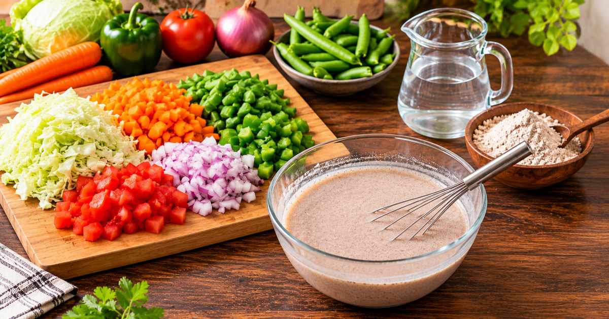 Preparing soup with vegetables and ragi flour.
