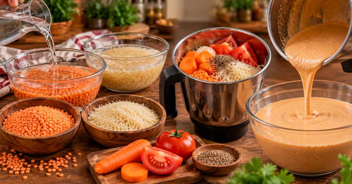 Preparing the batter with masoor dal and vermicelli.