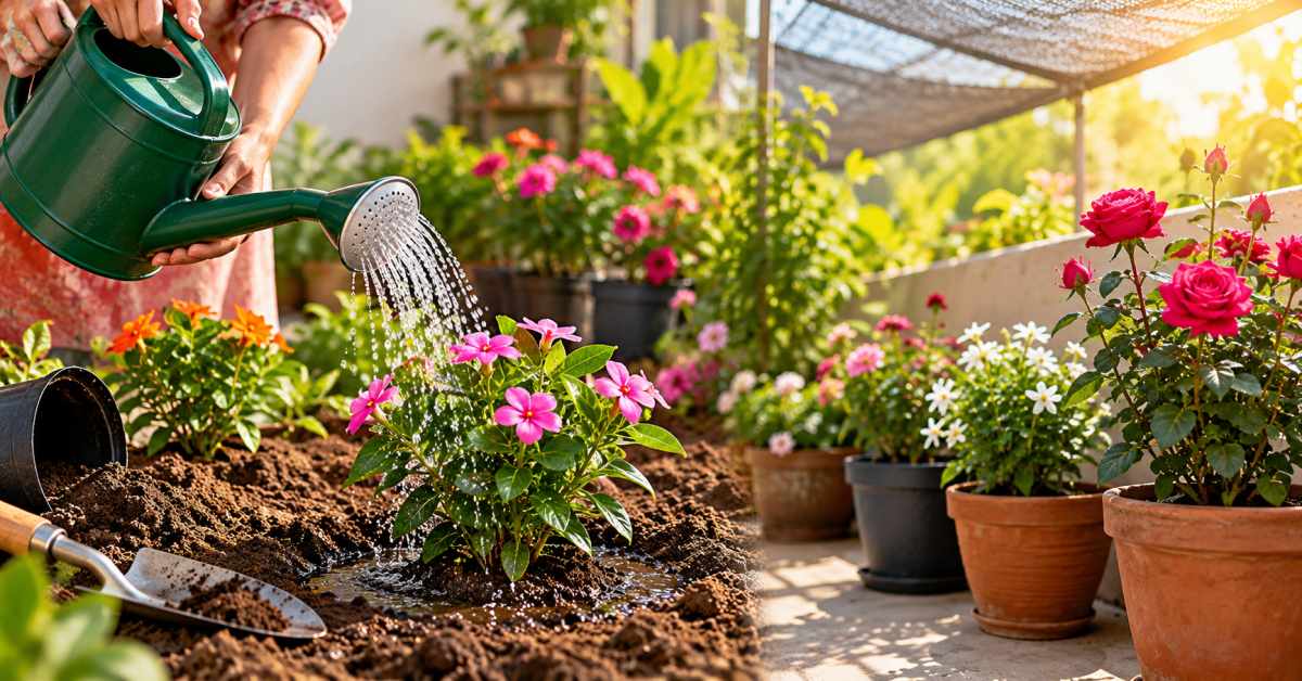 Providing water and adequate light to flowering plants