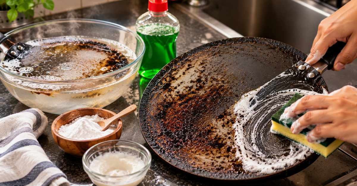 Remove burnt oil using warm water and baking soda.