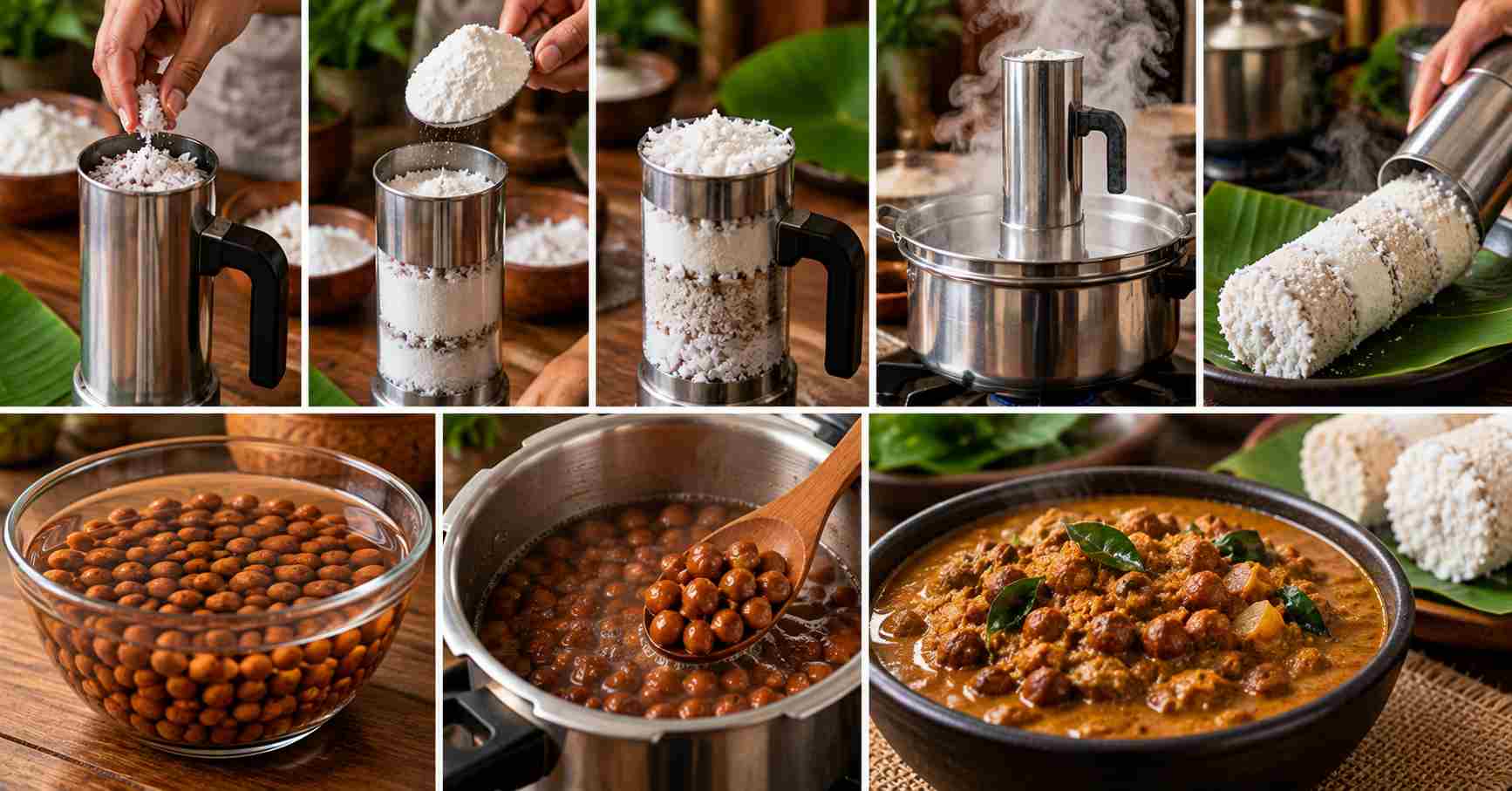 Steaming Puttu and Preparing Chickpeas