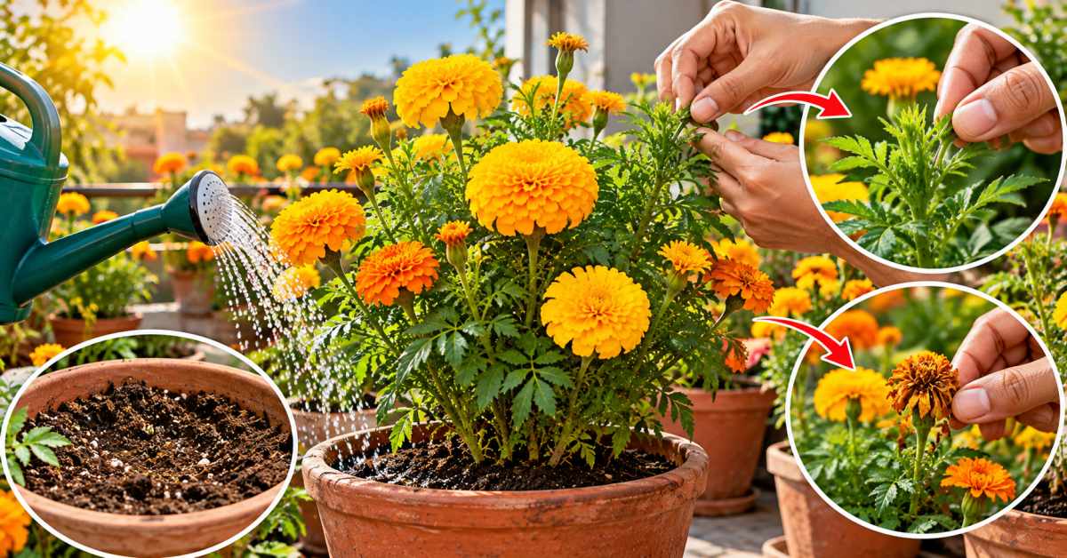 Tips on sunlight and pinching for abundant marigold flowering.