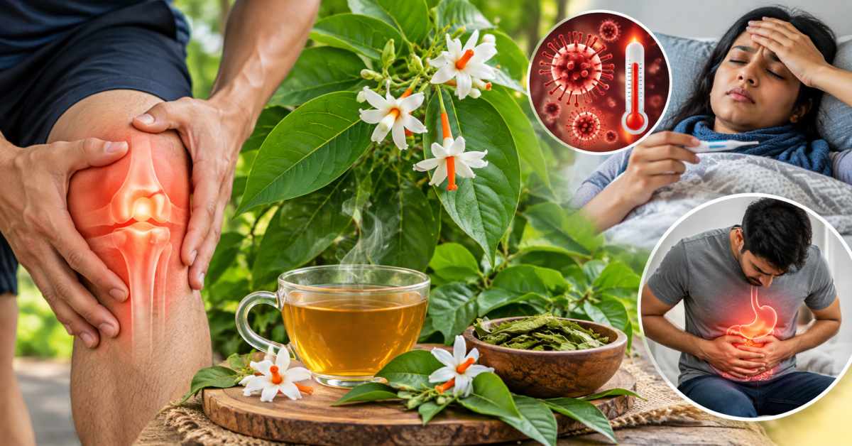 Uses of Parijata leaves for joint pain, fever, and digestive issues 