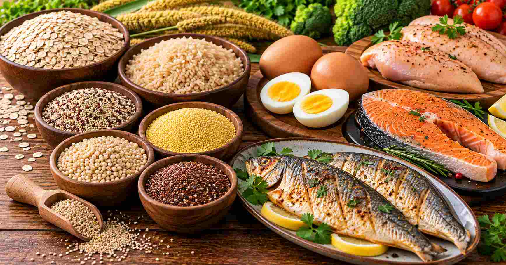 Whole Grains, Eggs, Fish and Chicken