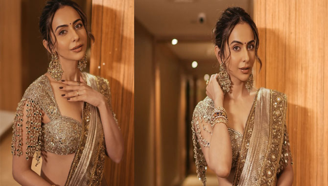 Rakul Preeth Singh Shining With Gold Colour Saree