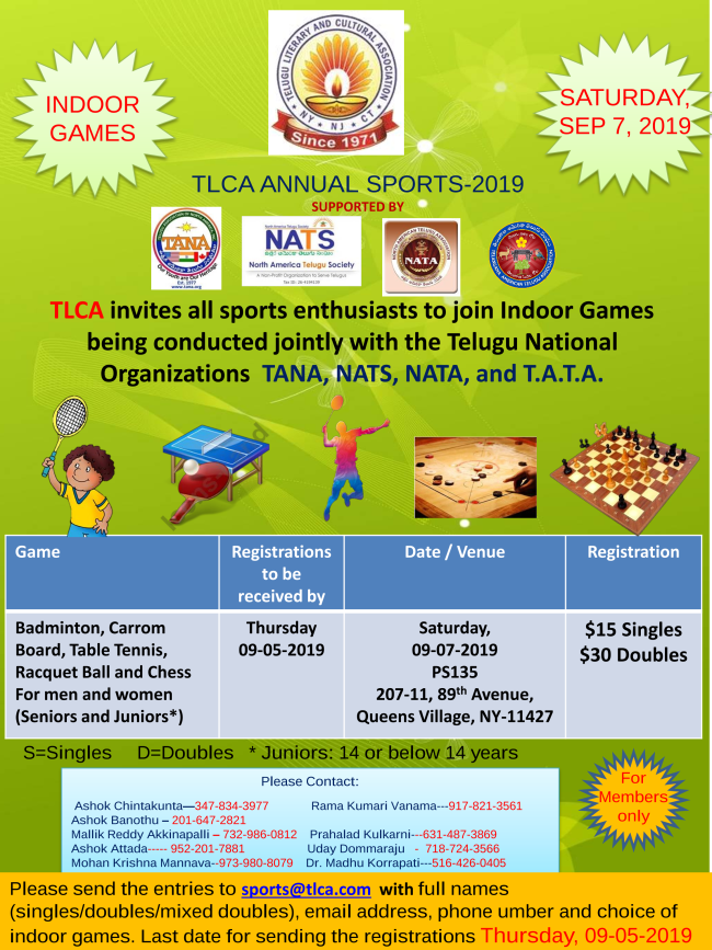 TLCA 2019 Annual Sports-Indoor Games on Saturday September 7 2019