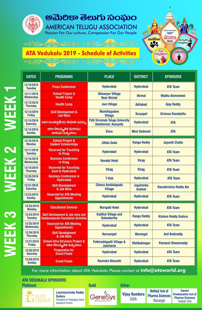 ATA Vedukalu 2019 – Schedule of Activities