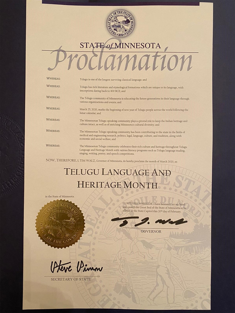 Minnesota Telugu Language and Heritage Proclamation for the Month of March