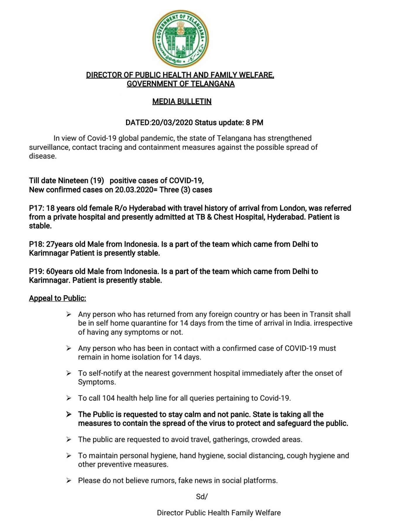 తెలంగాణలో కరోనా కేసులు 19