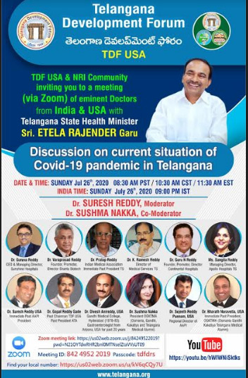 టీడిఎఫ్‍ కోవిడ్‍ 19 సమావేశం సక్సెస్‍… పాల్గొన్న అమెరికా-ఇండియా వైద్య ప్రముఖులు, మంత్రి ఈటెల రాజేందర్‍
