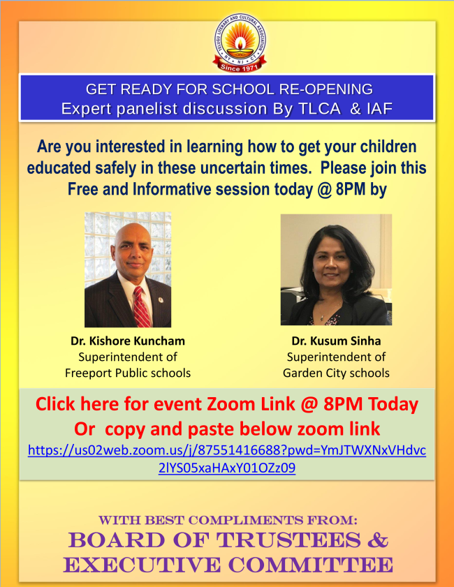 Please join Today @ 8PM EST- Schools Re-Opening Panelist discussion