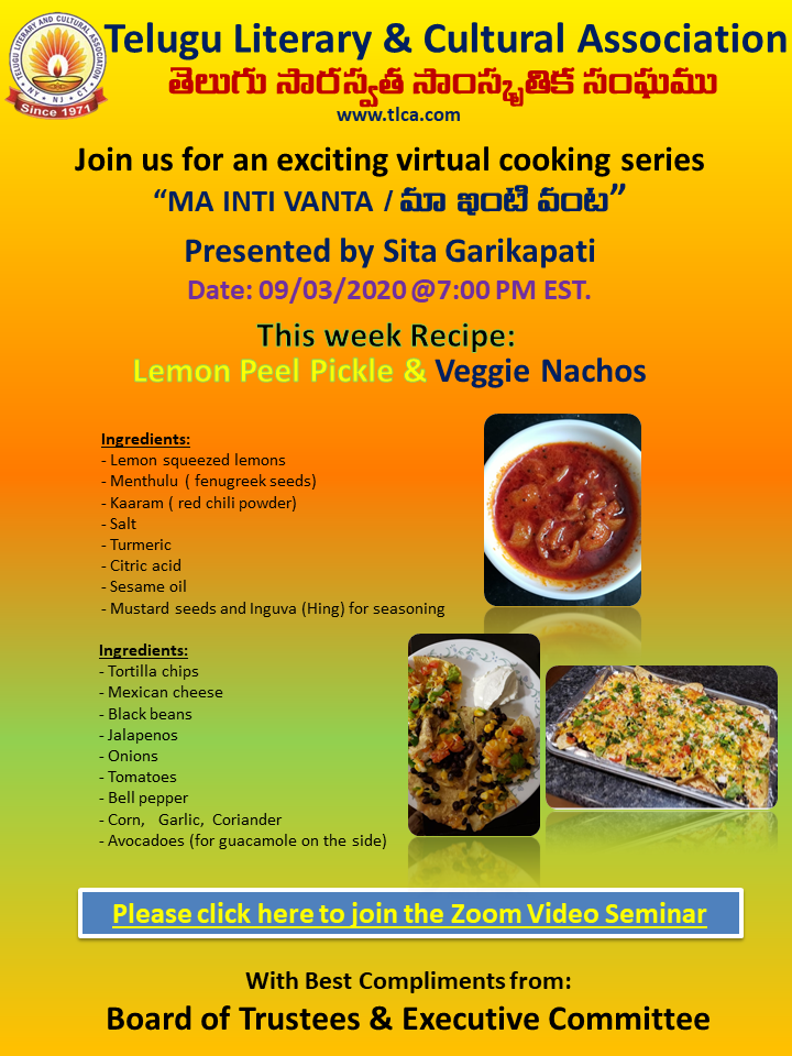 TLCA  – Join us for an exciting Virtual Cooking Series – Thursday