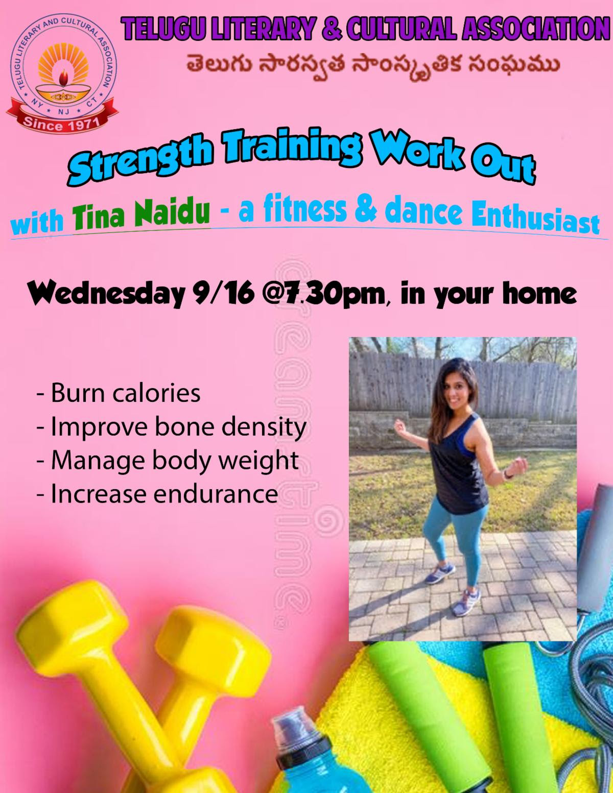 Please join this wednesday 9/16 @ 7:30PM EST- For a Strength Training workout by Tina
