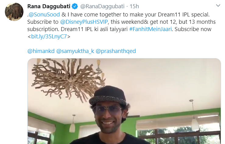 రానా దగ్గుబాటి, సోను సూద్  డ్రీమ్ 11 ఐపిఎల్ 2020లో డిస్నీ+ హాట్‌స్టార్‌తో కలిసి వస్తున్నారు