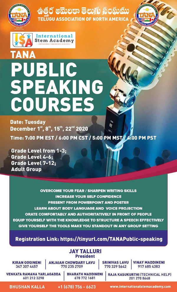 TANA Public Speaking Courses on Dec 1, 8, 15 and 22nd 2020