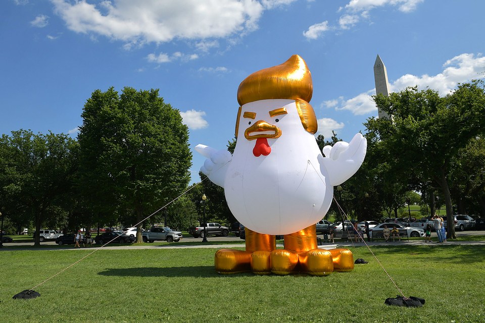 శ్వేతసౌధం ముందు ట్రంప్‌ ముఖాకృతితో కోడిబొమ్మ