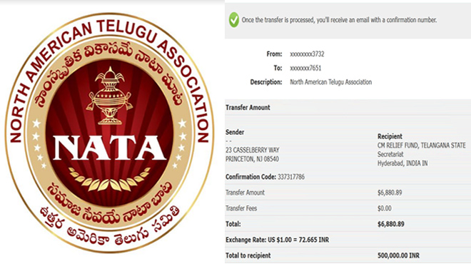 తెలంగాణ సిఎం ఫండ్ కు నాటా 5 లక్షల విరాళం