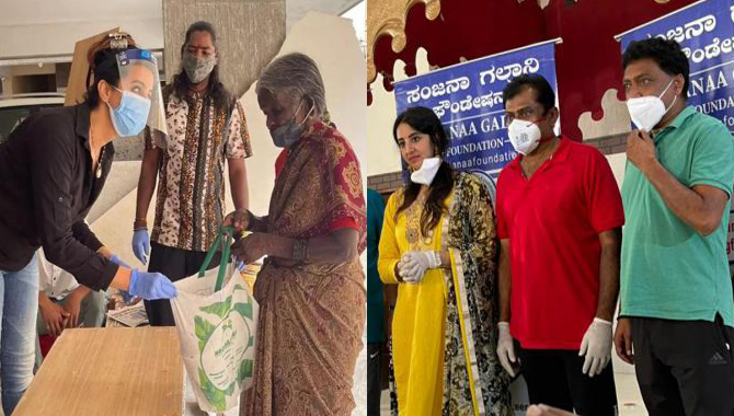 సినీ కార్మికులకు నిత్యావసర వస్తువులు పంపిణి చేసిన హీరోయిన్ సంజన