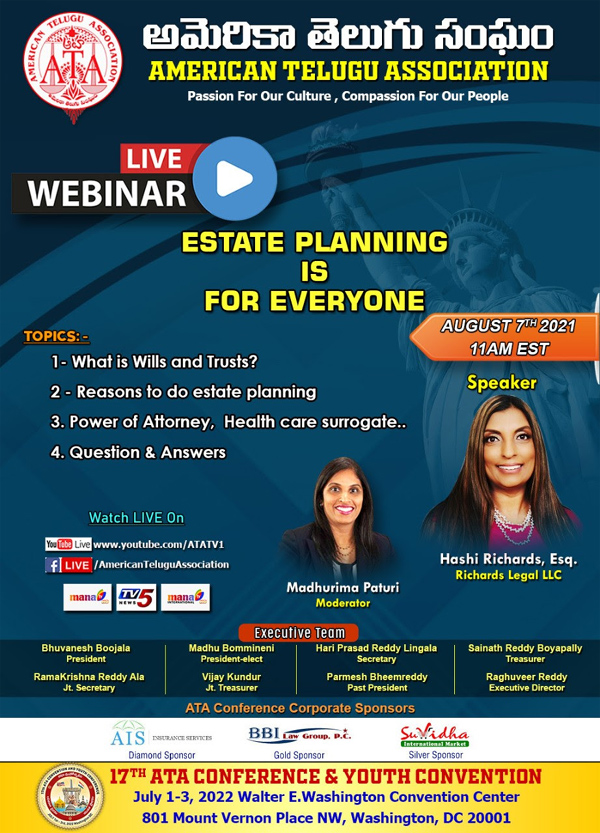ATA Estate Planning Webinar on 7 Aug 2021