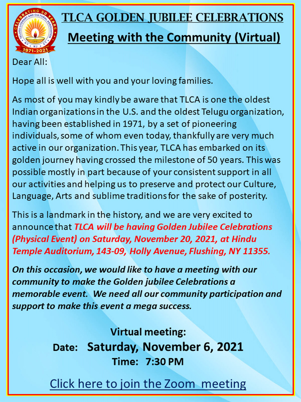 TLCA Golden Jubilee Celebrations – Meeting With Community (Virtual)
