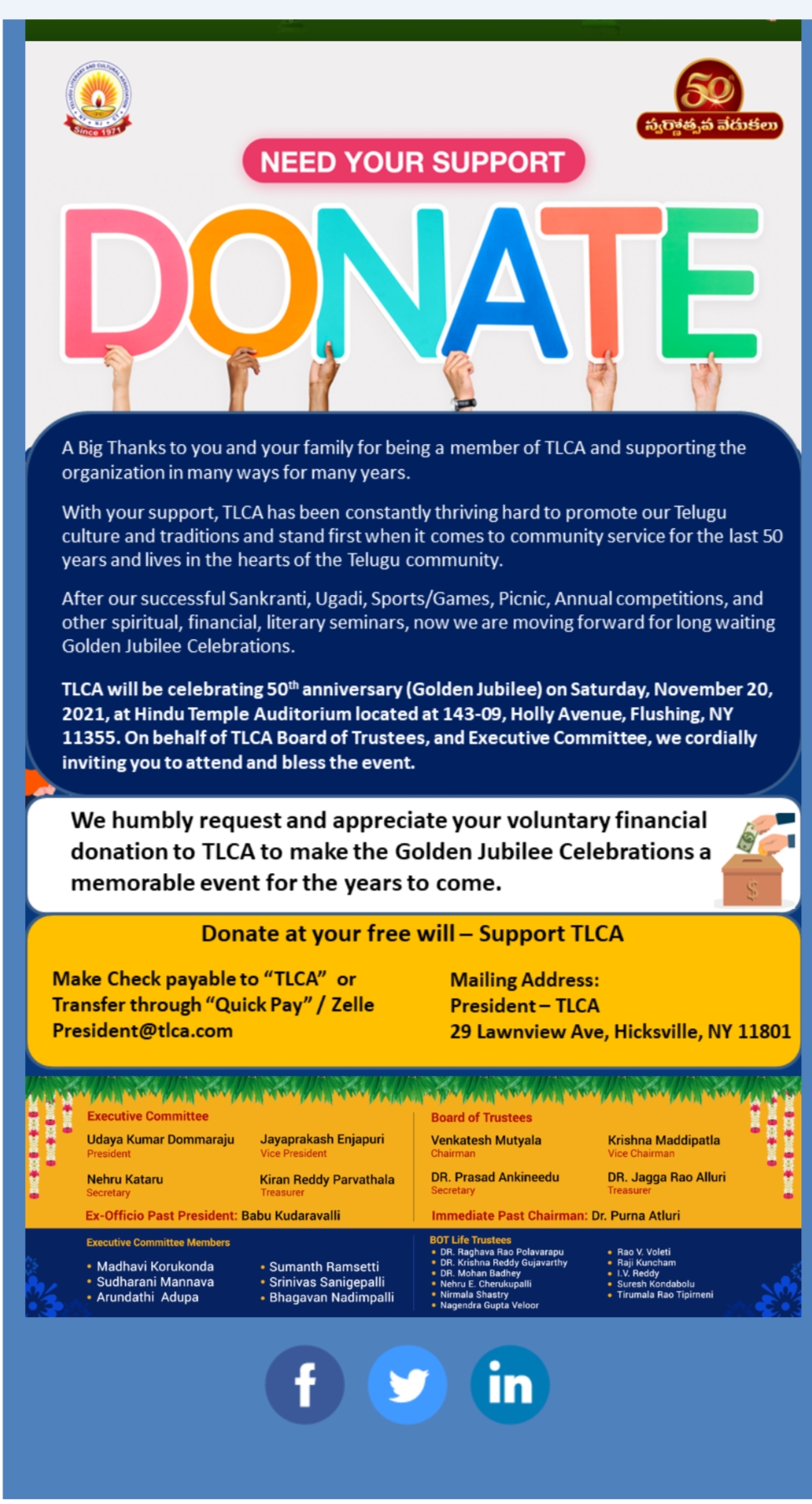 TLCA Golden Jubilee Celebrations – Strengthen Community Programs with Generous Donations