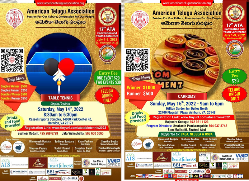 ATA Table Tennis & Carrom Games on May 14&15