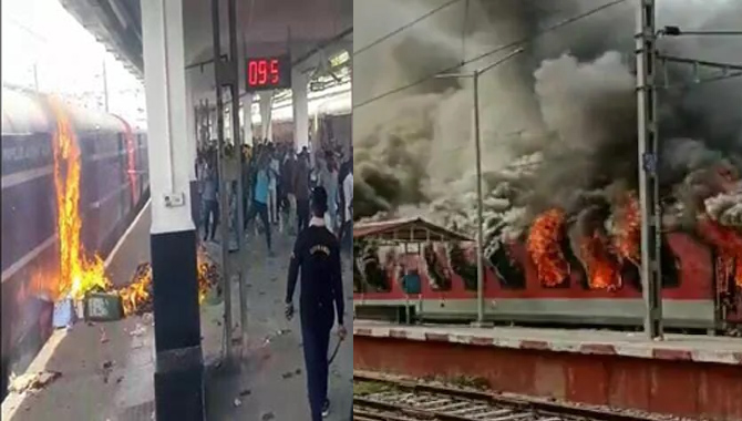 సికింద్రాబాద్‌ రైల్వే స్టేషన్‌ లో ఉద్రికత్త.. పలురైళ్లకు నిప్పు 