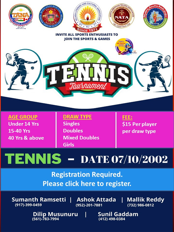TLCA – TTA – TANA – NATA – NYTTA. Sports and Games – Invitation to register for TENNIS Tournament