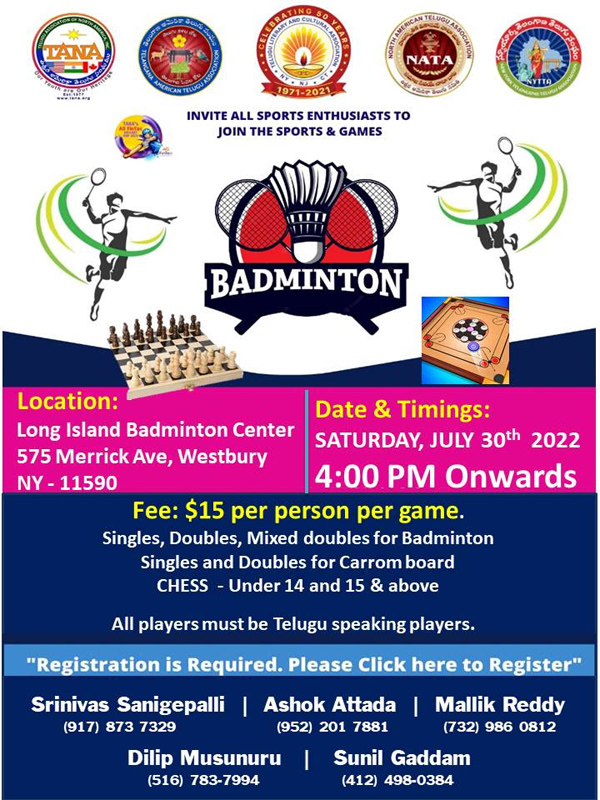 Invitation to register for Badminton, Carrom Board, and Chess
