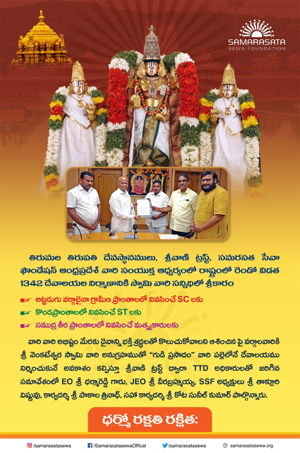 శ్రీవాణి ట్రస్టు ఆధ్వర్యంలో సమరసత సేవా ఫౌండేషన్‌ సహకారంతో రెండో దశలో 111 ఆలయాల నిర్మాణం – టిటిడి ఈవో శ్రీ ఎవి.ధర్మారెడ్డి