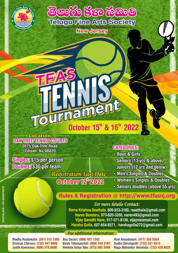 TFAS – Tennis Tournament on Oct 15 & 16, 2022