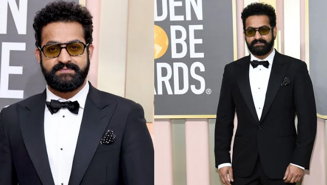 గోల్డెన్‌ గ్లోబ్‌ అవార్డుల రెడ్‌ కార్పెట్‌లో క్లాసిక్‌ బ్లాక్‌ టుక్సెడోతో తారక్‌ లుక్‌ అదుర్స్