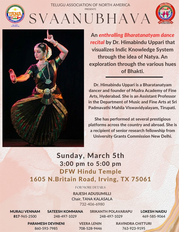TANA Presents SVAANUBHAVA an enthralling Bharatanatyam Dance