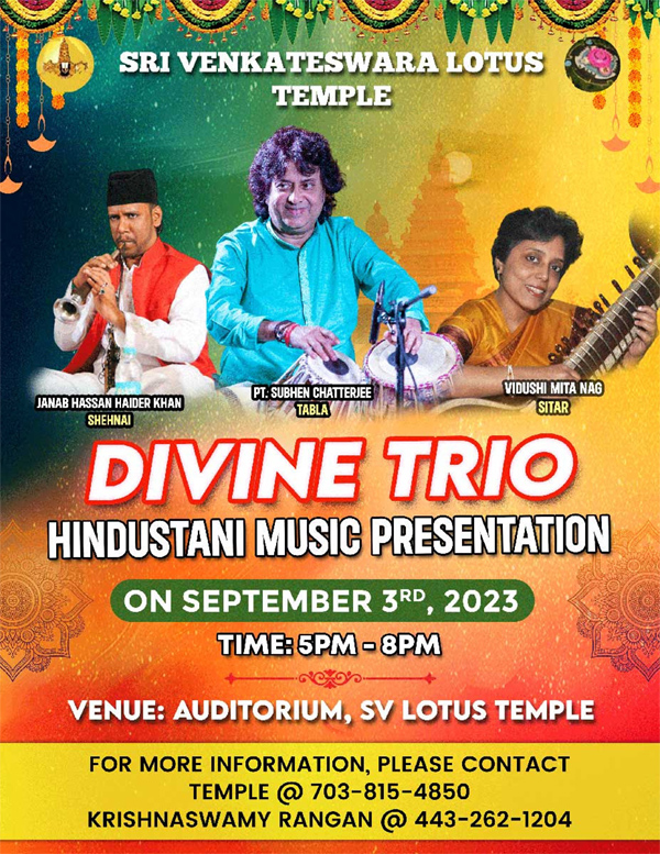 Divine Trio Hindustani Music Presentation on Sept 3
