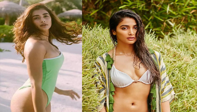 గ్రీన్ క‌ల‌ర్ స్విమ్ సూట్‌లో సెగ‌లు రేపుతున్న పూజా