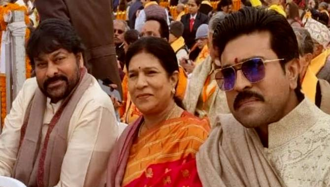 Chiranjeevi with his wife and Ram Charan attends Ram Mandir Pran Pratishta