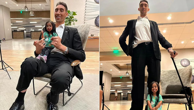 ప్రపంచంలోనే అతి పొడవైన వ్యక్తితో.. పొట్టి మహిళ! ప్రపంచంలోనే అతి పొడవైన వ్యక్తితో.. పొట్టి మహిళ!