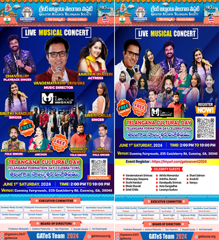 Telangana Formation Day will be celebrated as Telangana Cultural day in Atlanta by GATeS