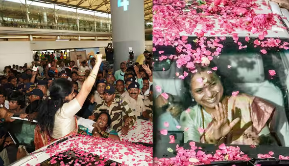 శంషాబాద్‌ ఎయిర్‌పోర్టులో ఎమ్మెల్సీ కవితకు ఘన స్వాగతం