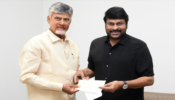 Mega Star Chiranjeevi meets AP CM Chandra Babu Naidu and handover cheques for flood victims